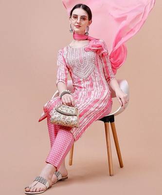 women floral printed mirror work kurta with trousers & with dupatta 4