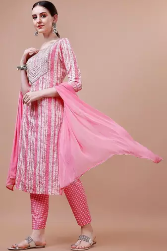 women floral printed mirror work kurta with trousers & with dupatta