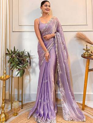 Lavender embellished embroidered satin saree with blouse piece 1