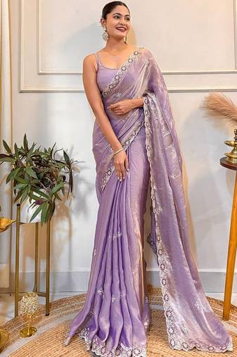 Lavender embellished embroidered satin saree with blouse piece