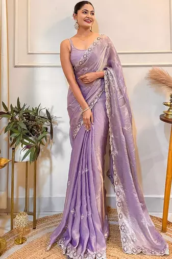 Lavender embellished embroidered satin saree with blouse piece