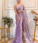 Lavender embellished embroidered satin saree with blouse piece