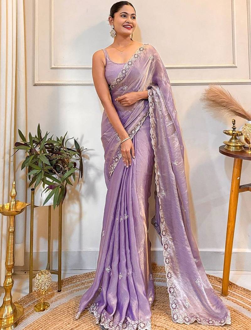 Lavender embellished embroidered satin saree with blouse piece