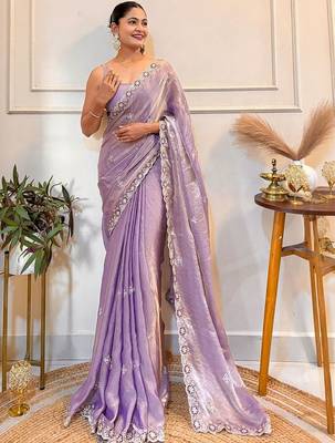 Lavender embellished embroidered satin saree with blouse piece 3