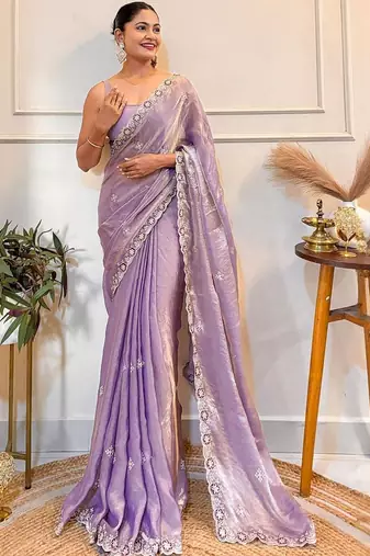Lavender embellished embroidered satin saree with blouse piece