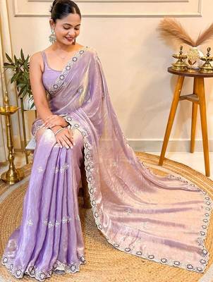 Lavender embellished embroidered satin saree with blouse piece 4