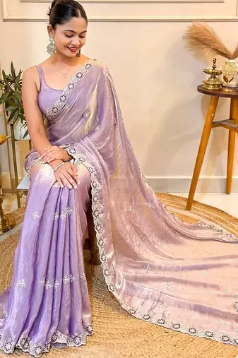 Lavender embellished embroidered satin saree with blouse piece