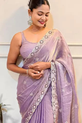 Lavender embellished embroidered satin saree with blouse piece
