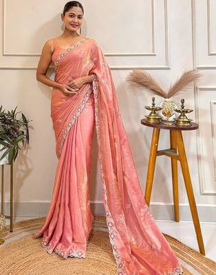 Peach embellished embroidered satin saree 3