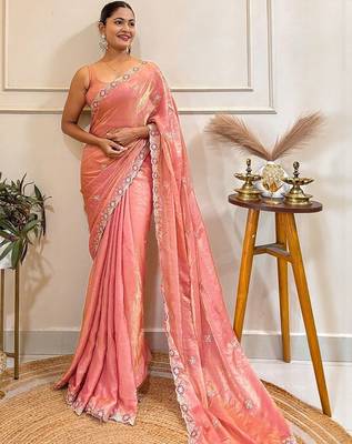 Peach embellished embroidered satin saree 4