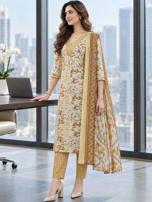 women floral printed regular  cotton kurta with trousers & with dupatta 1