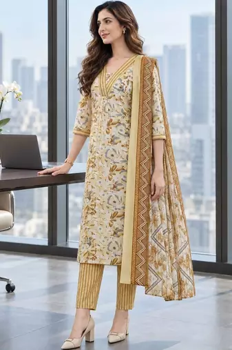 women floral printed regular  cotton kurta with trousers & with dupatta