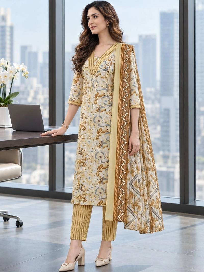 women floral printed regular  cotton kurta with trousers & with dupatta