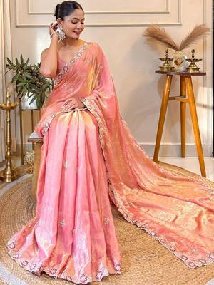 Peach embellished embroidered satin saree 5
