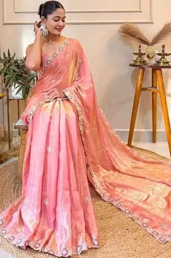 Peach embellished embroidered satin saree