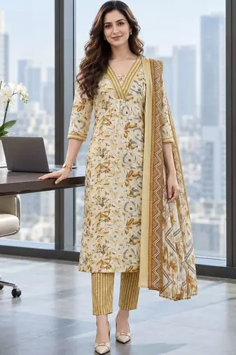 women floral printed regular  cotton kurta with trousers & with dupatta