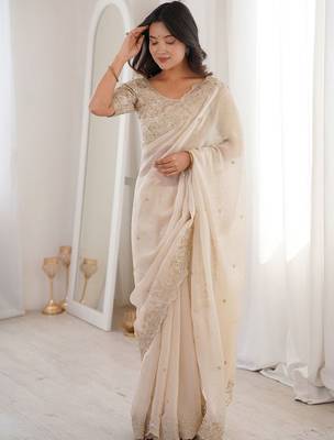 Off white embellished zari satin heavy work saree 1