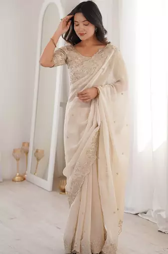 Off white embellished zari satin heavy work saree