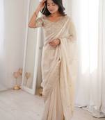 Off white embellished zari satin heavy work saree
