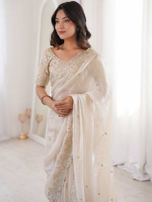 Off white embellished zari satin heavy work saree 2