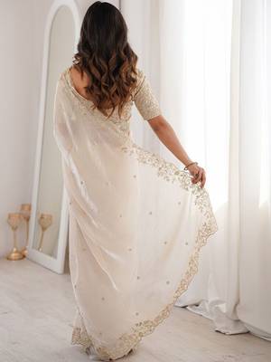 Off white embellished zari satin heavy work saree 3