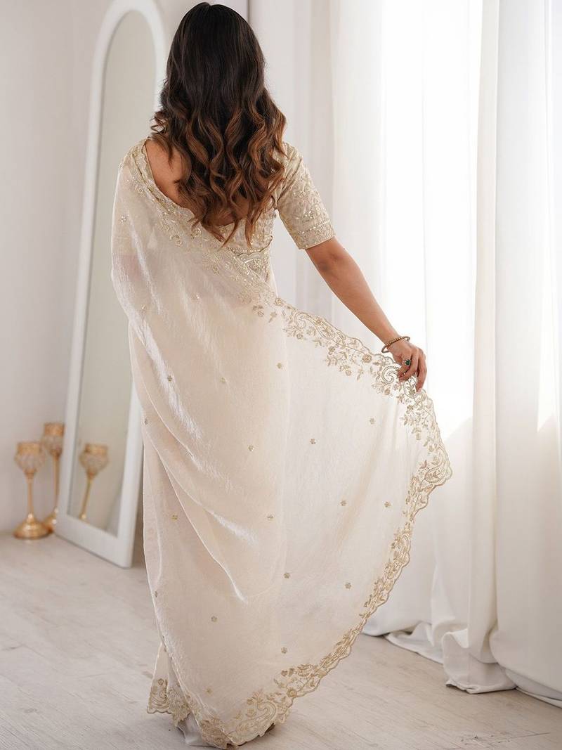 Off white embellished zari satin heavy work saree