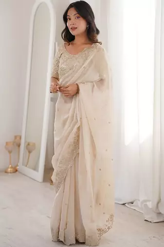 Off white embellished zari satin heavy work saree