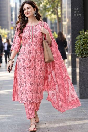 women ethnic motifs printed kurta with trousers & with dupatta