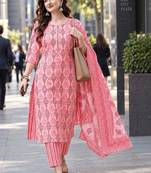 women ethnic motifs printed kurta with trousers & with dupatta
