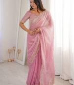 Pink embellished embroidered satin heavy work saree