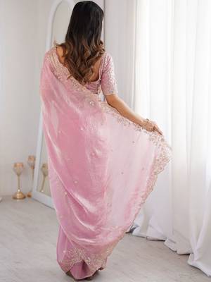 Pink embellished embroidered satin heavy work saree 2