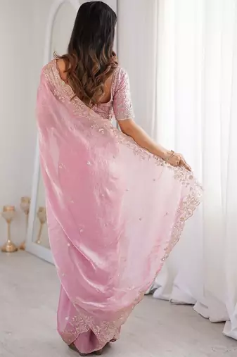 Pink embellished embroidered satin heavy work saree