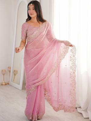 Pink embellished embroidered satin heavy work saree 3