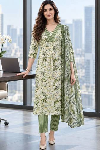 women floral printed regular  cotton kurta with trousers & with dupatta