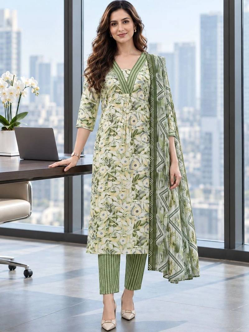 women floral printed regular  cotton kurta with trousers & with dupatta