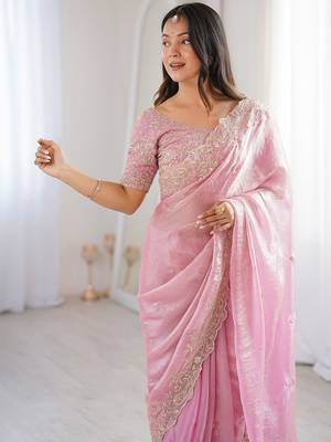 Pink embellished embroidered satin heavy work saree 4