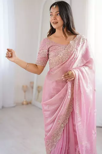 Pink embellished embroidered satin heavy work saree