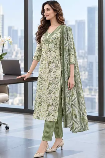 women floral printed regular  cotton kurta with trousers & with dupatta