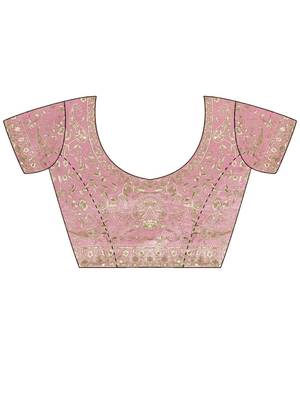 Pink embellished embroidered satin heavy work saree 5