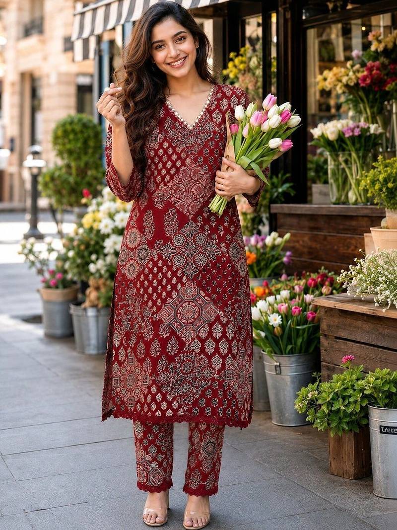 women ethnic motifs printed regular  cotton kurta with trousers