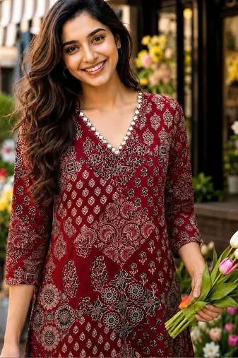 women ethnic motifs printed regular  cotton kurta with trousers