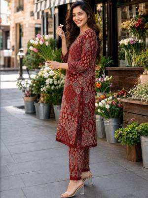 women ethnic motifs printed regular  cotton kurta with trousers 4