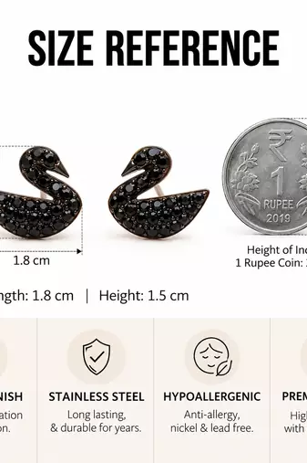 Pave crystal setting, swan silhouette design, stud back closure, women's fashion, black finish