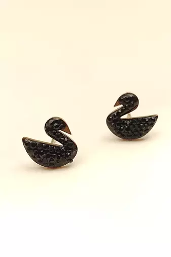 Pave crystal setting, swan silhouette design, stud back closure, women's fashion, black finish