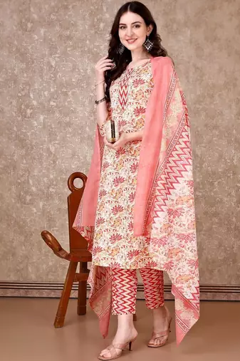 women floral printed kurta with trousers & with dupatta