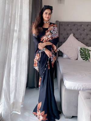 Black floral embroidered satin saree 1