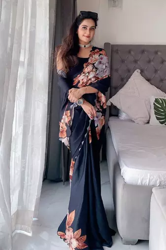 Black floral embroidered satin saree