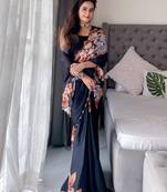 Black floral embroidered satin saree