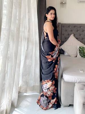 Black floral embroidered satin saree 2