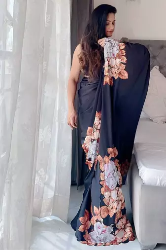 Black floral embroidered satin saree